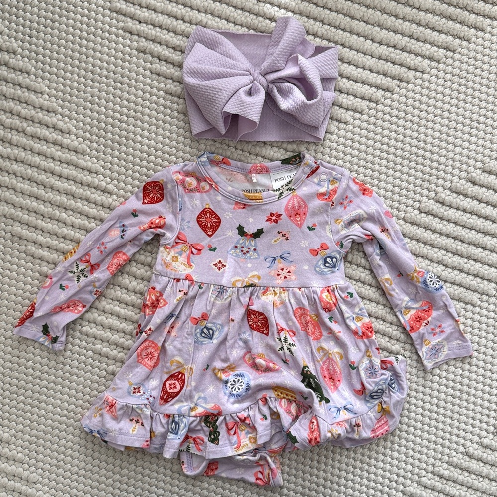 Posh Peanut Baby Bamboo Twirl Dress 3-6M Holiday Ornament Print w/ Headband